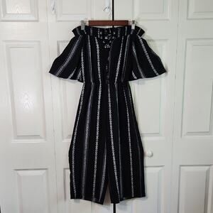 Bailey Blue Black and White Off Shoulder Jumpsuit Size XS Lace Up Wide Leg Bell